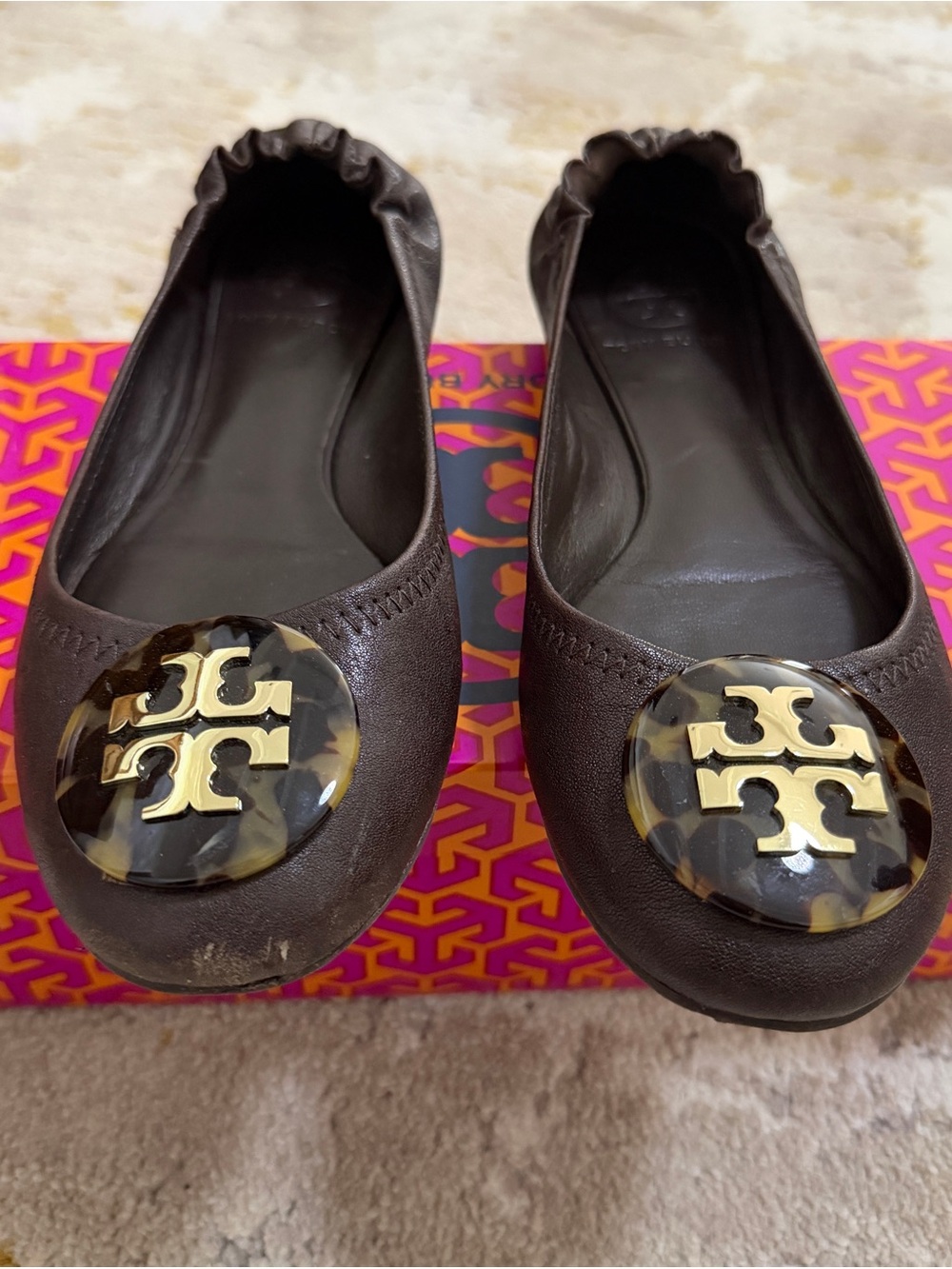 Tory Burch Brown Leather Logo Ballet Flats